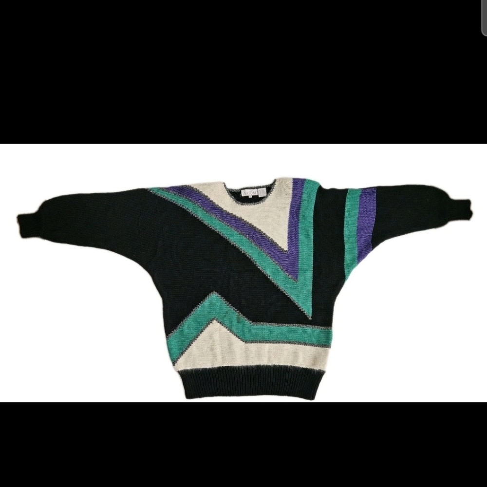 Vintage Axion M Geometric Black Green Cream  Purple Sweater  Sparkle 80s 90s